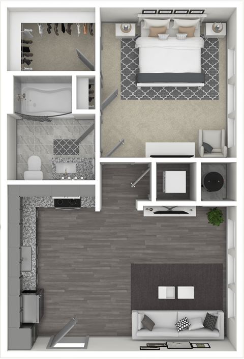 Floor plan for 1 bed, 1 bath, 619 sqft